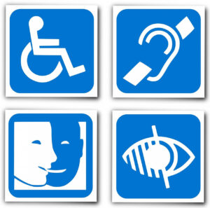 Four blue icons depicting impairments of mobility, hearing, cognitive, and vision.