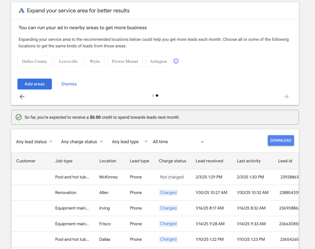 local services ads dashboard