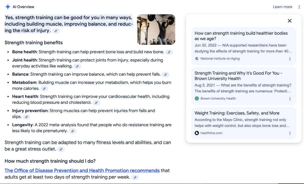 Screenshot of AI overview response about strength training